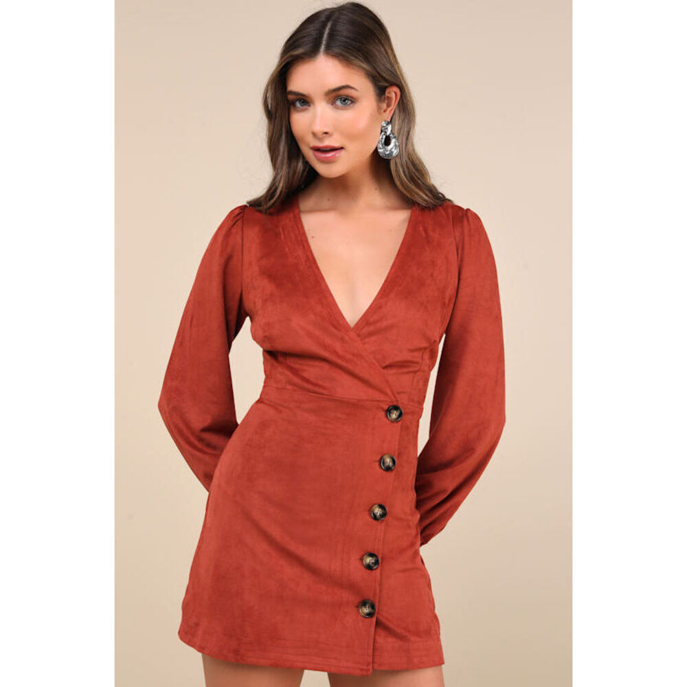 Lulus Chicest Aura Rust Suede Surplice Long Sleeve Mini Dress Orange - Size XS